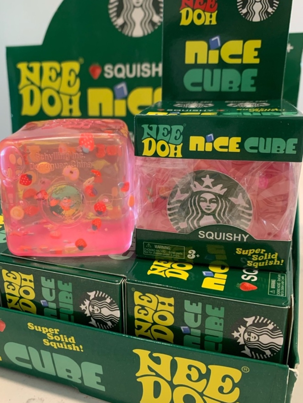 Starbucks Pink Squishy Cube Stress Toy with Logo - Picture 2 of 3